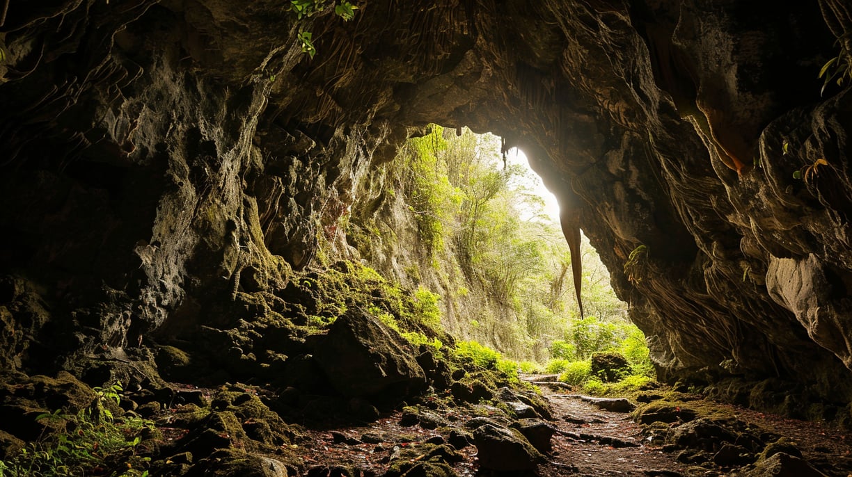 a cave like structure with a path leading outside