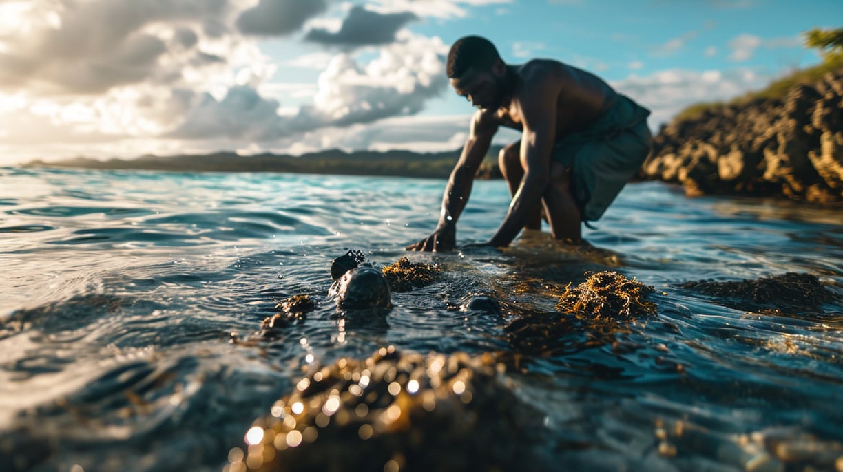 a man is kneeling down to pick up a oysters
