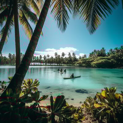 a couple of people in a canoe in the water