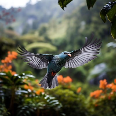 a bird flying through the air with its wings open