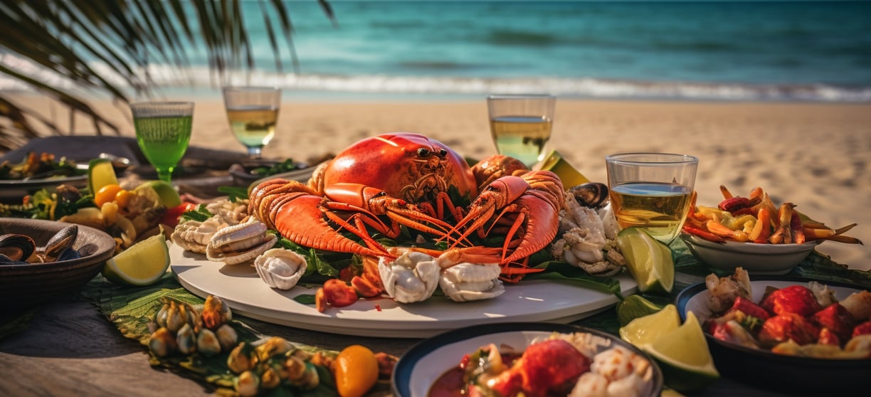 a lobster crab and other food items on a table