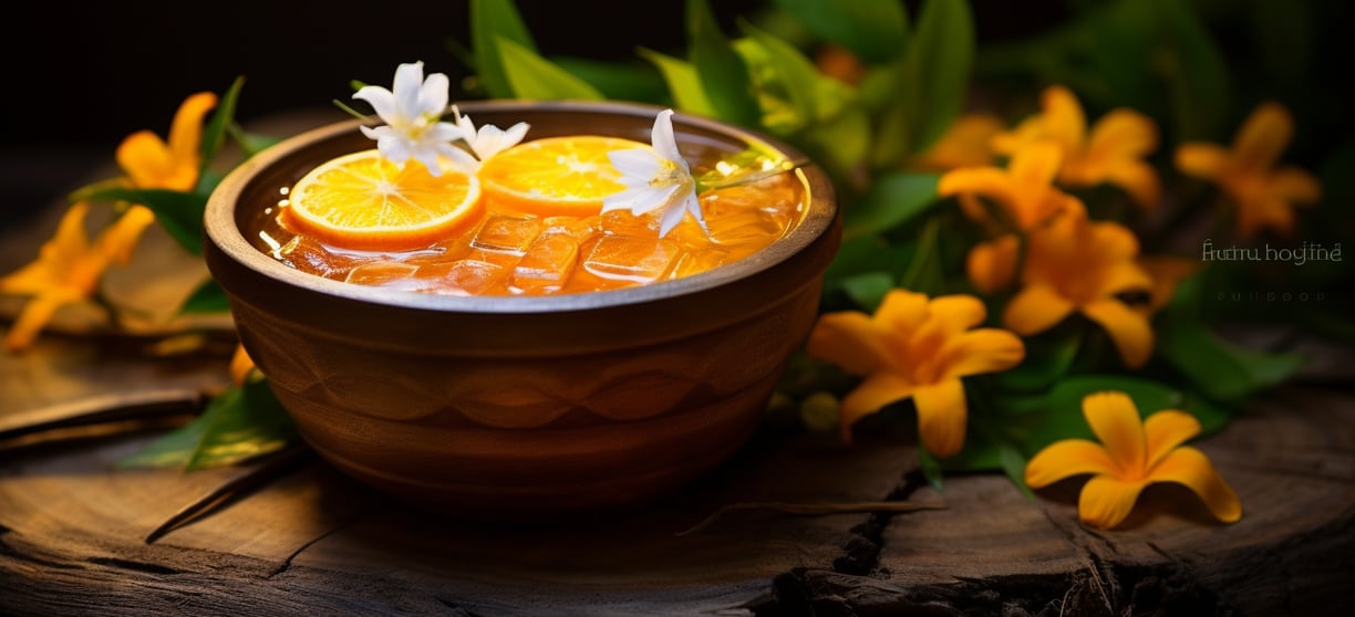 a bowl of orange juice with orange slices