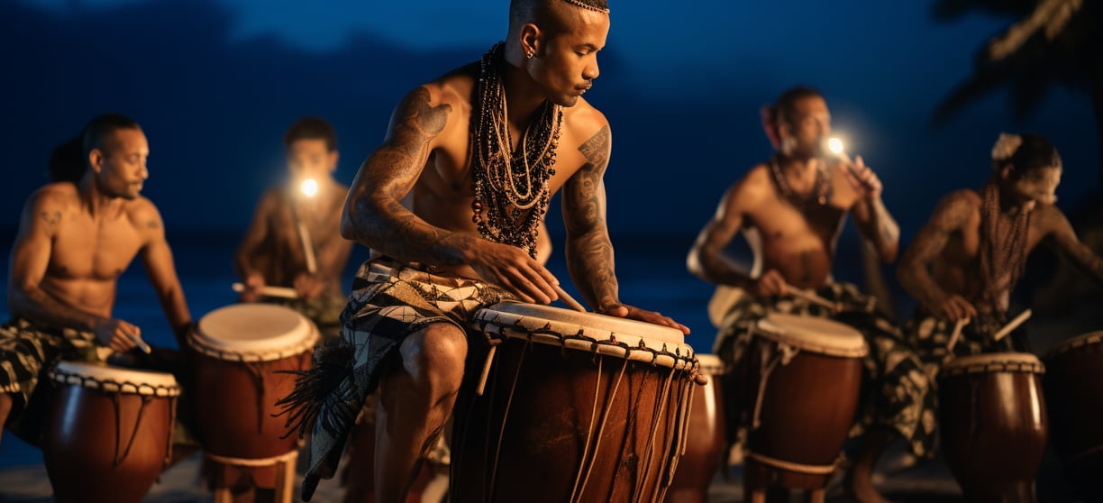 a group of man playing traditional drums by the beach at night