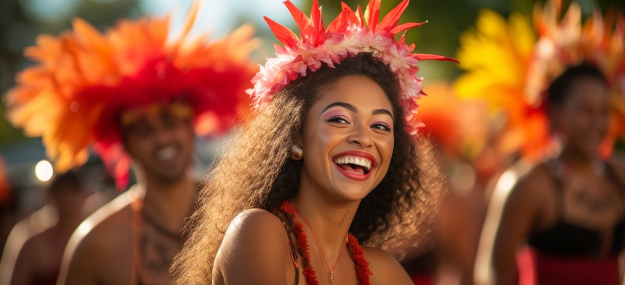 a face of a woman in a red dance costume