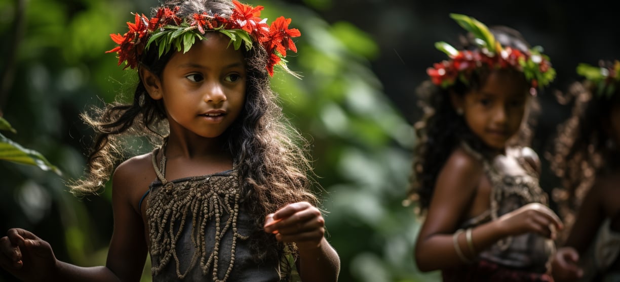 a young Samoan girl wearing a flower crown