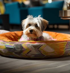 a dog sitting in the pet bed provided in a pet-friendly Kona island accommodation