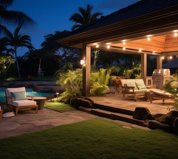 the garden and gazebo of a villa rental in Kona, Hawaii at night