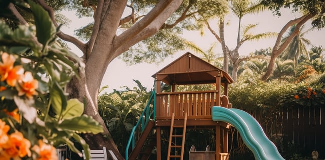 the backyard playground of a family-friendly Kona Coast rental