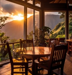 the sunset view of a mountain cabin in Big Island, Hawaii