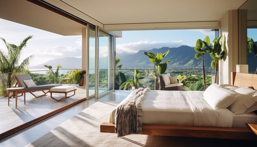 the kitchen of a luxury villa in Kona, Hawaii with a view of the outdoor pool