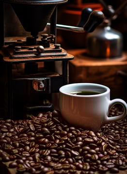 a cup of Kona coffee surrounded by Kona coffee beans