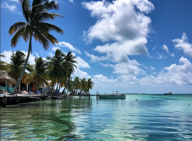 A boat is docked at a beach in Ambergris Caye A boat is docked at a beach in Ambergris Caye