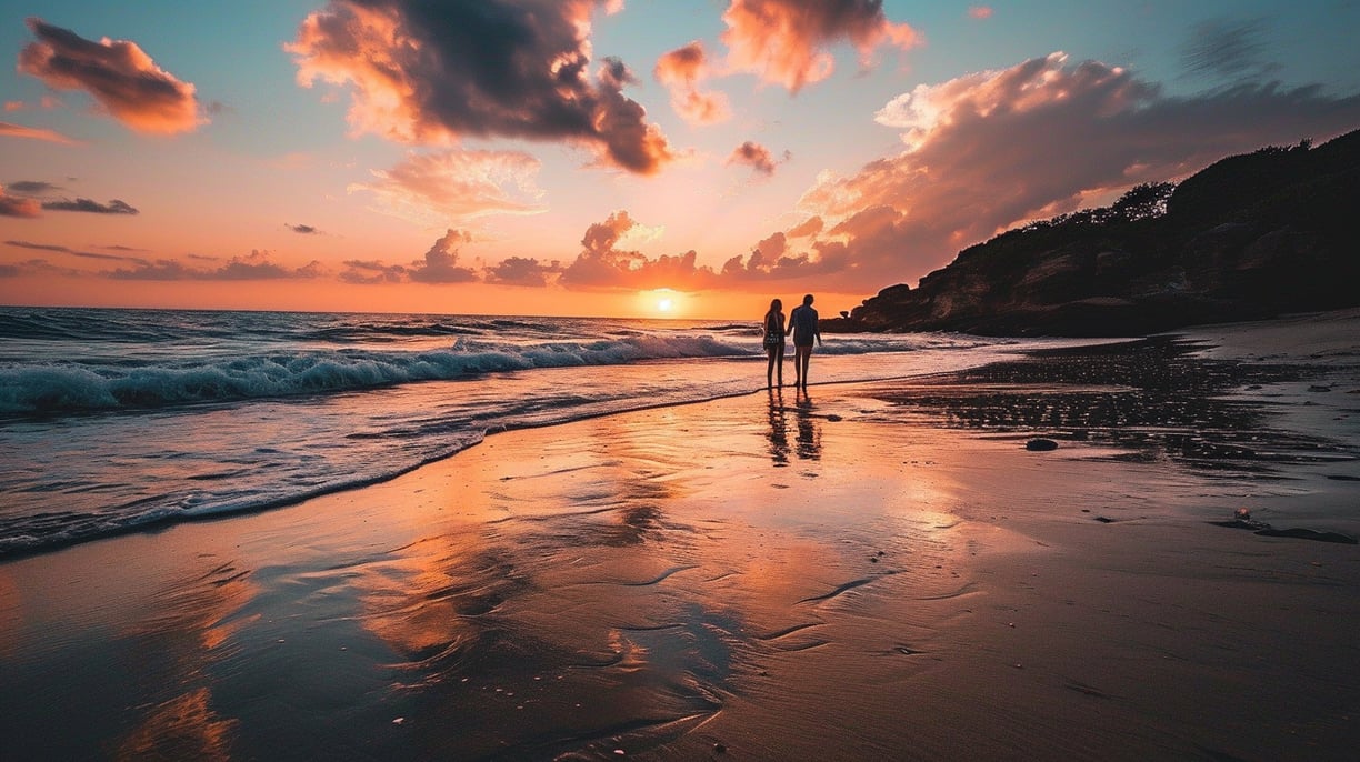 a couple walking on the beach at sunset
