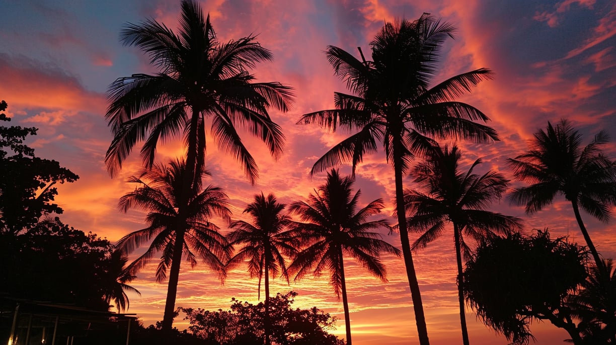 a sunset sky with palm trees and a pink sky