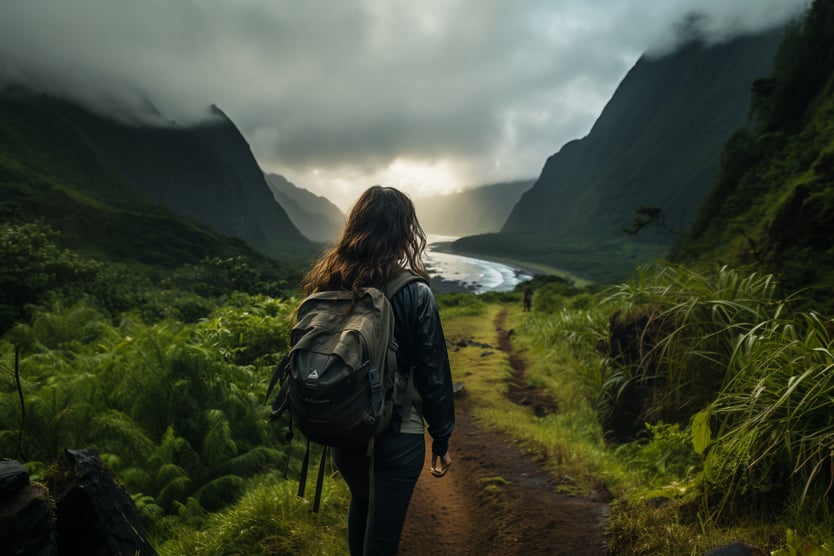 Hawaiian backpacker on a mountain trail
