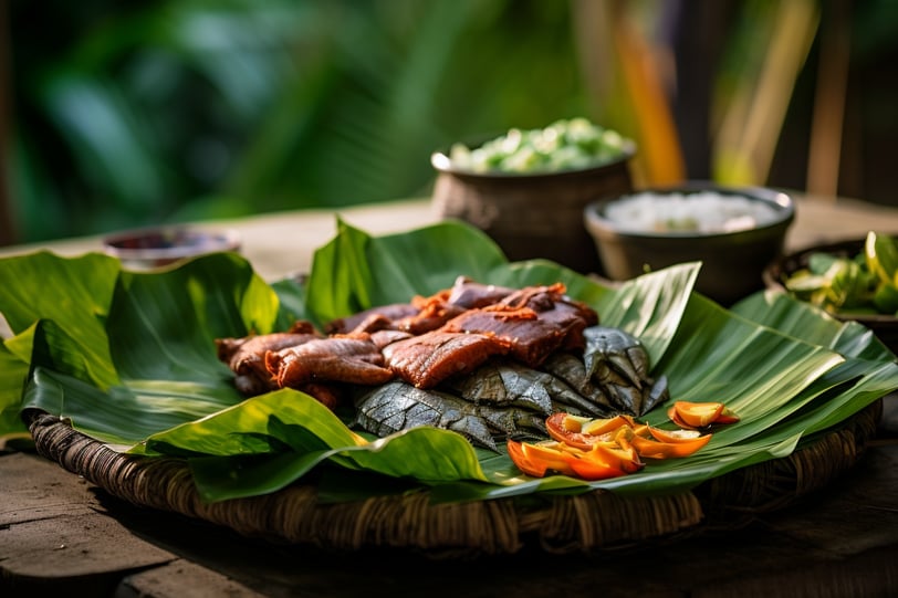 traditional Hawaiian luau ingredients of taro leaves, sweet potatoes, fish, and pork.