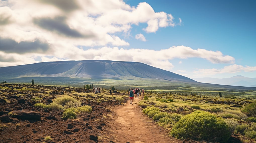 tourist hiking at the base of mauna loa