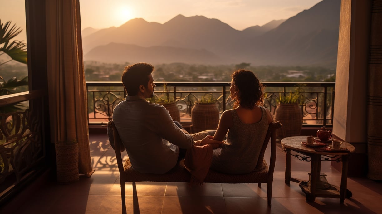 A couple enjoying the stunning mountain views on a balcony a villa in India