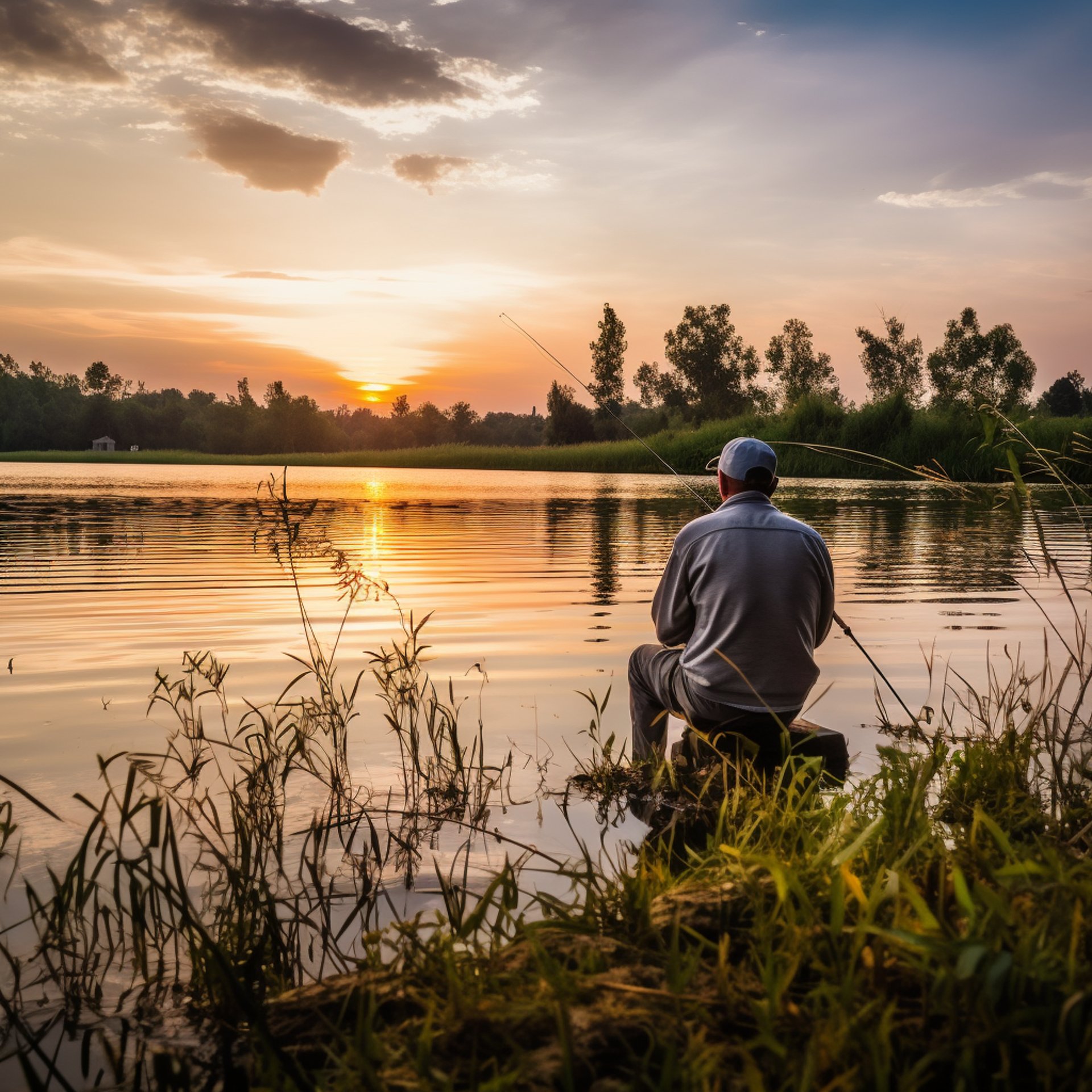 evening fishing by the lake scene