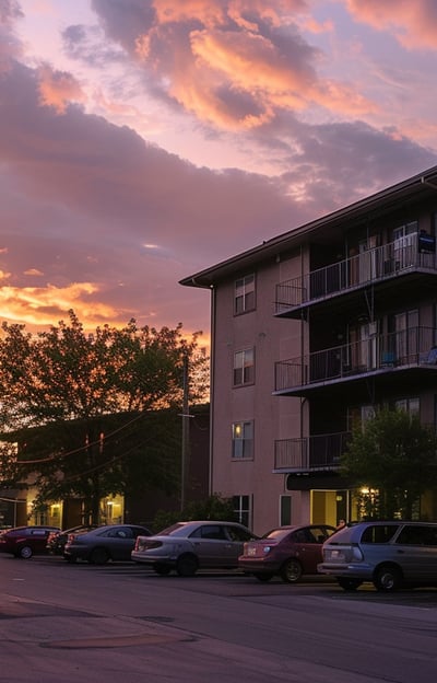 Apartment building in Saipan with a warm sunset backdrop, reflecting a serene residential life in the Mariana Islands.