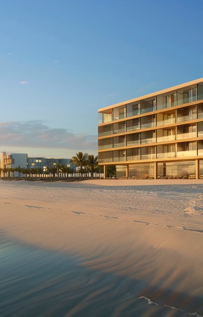 Luxurious beachfront resort with modern design, basking in the golden light of the Mariana Islands.