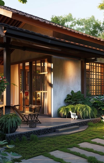 Quaint guesthouse nestled among verdant flora in the Mariana Islands, epitomizing homely comfort and charm.