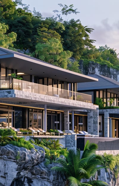 Charming hillside villa in the Mariana Islands, showcasing elegant architecture amid lush greenery, offering a secluded retre