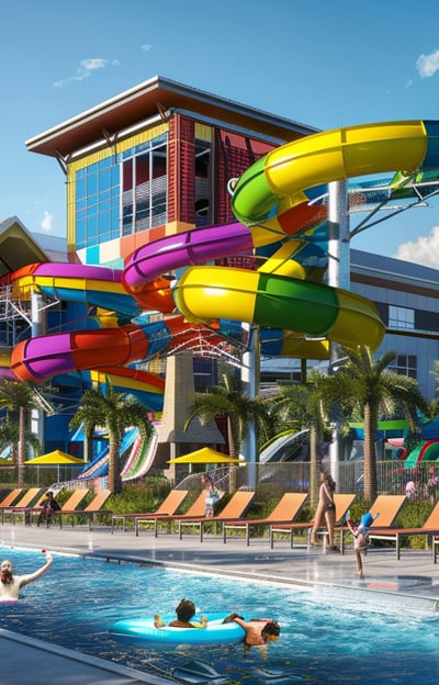 Energetic waterpark in a resort setting with towering slides, capturing the fun-filled spirit of the Mariana Islands.Energetic waterpark in a resort setting with towering slides, capturing the fun-filled spirit of the Mariana Islands.