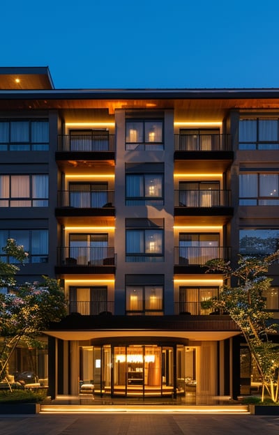 Boutique hotel in the Mariana Islands illuminated at night, offering a cozy and modern accommodation experience.