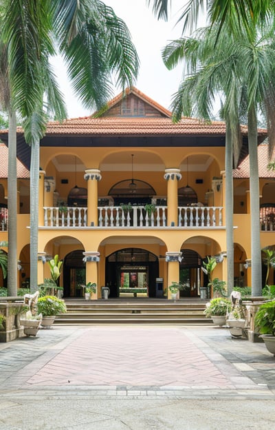 Grand entrance of a luxury resort in the Mariana Islands, inviting guests with its palatial design and lush tropical setting.