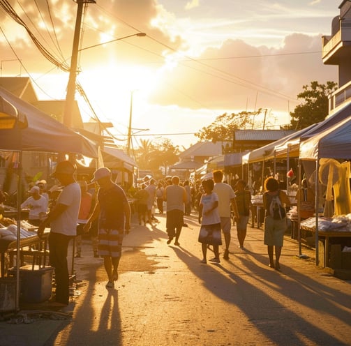 Golden hour at a bustling local market in Tinian, highlighting vibrant community life. Golden hour at a bustling local market in Tinian, highlighting vibrant community life.