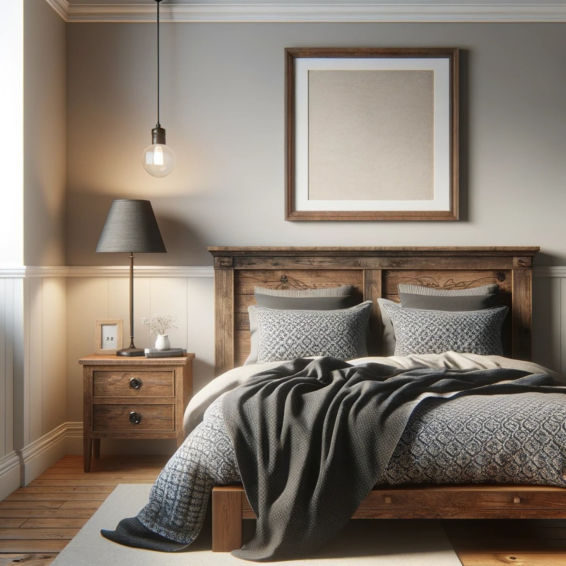 A cozy bedroom featuring a wooden bed with a matching headboard, creating a warm and inviting atmosphere.