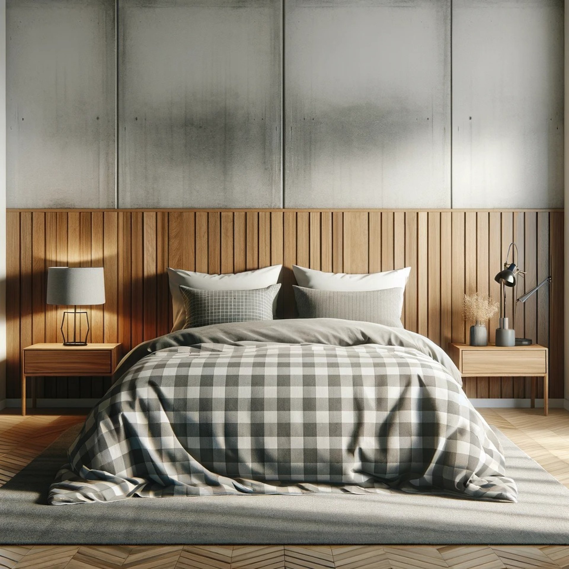A sleek modern bedroom showcasing a comfortable bed complemented by a rustic wooden wall, enhancing the room's charm.