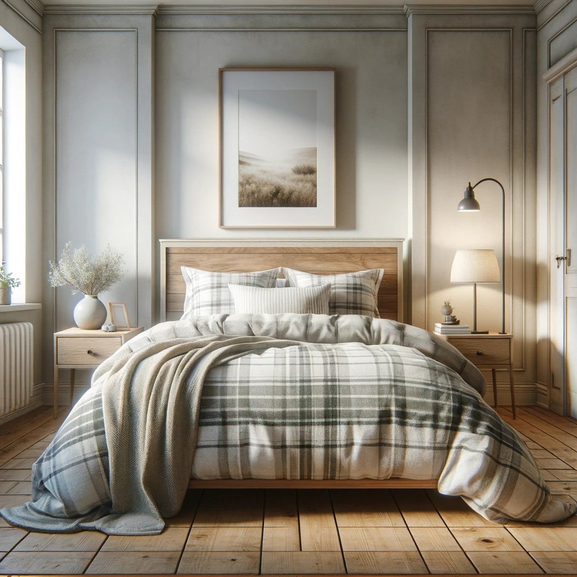 A well-appointed bedroom with a plush bed, a modern lamp, and an artistic picture, contributing to a peaceful ambiance.