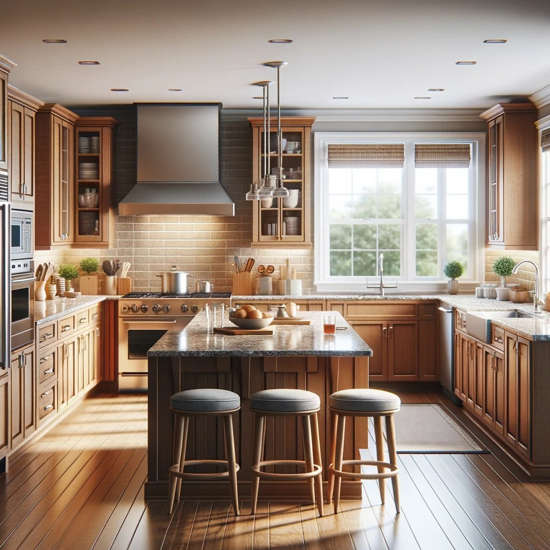 A modern kitchen featuring wooden cabinets and a spacious center island, creating an inviting cooking space.