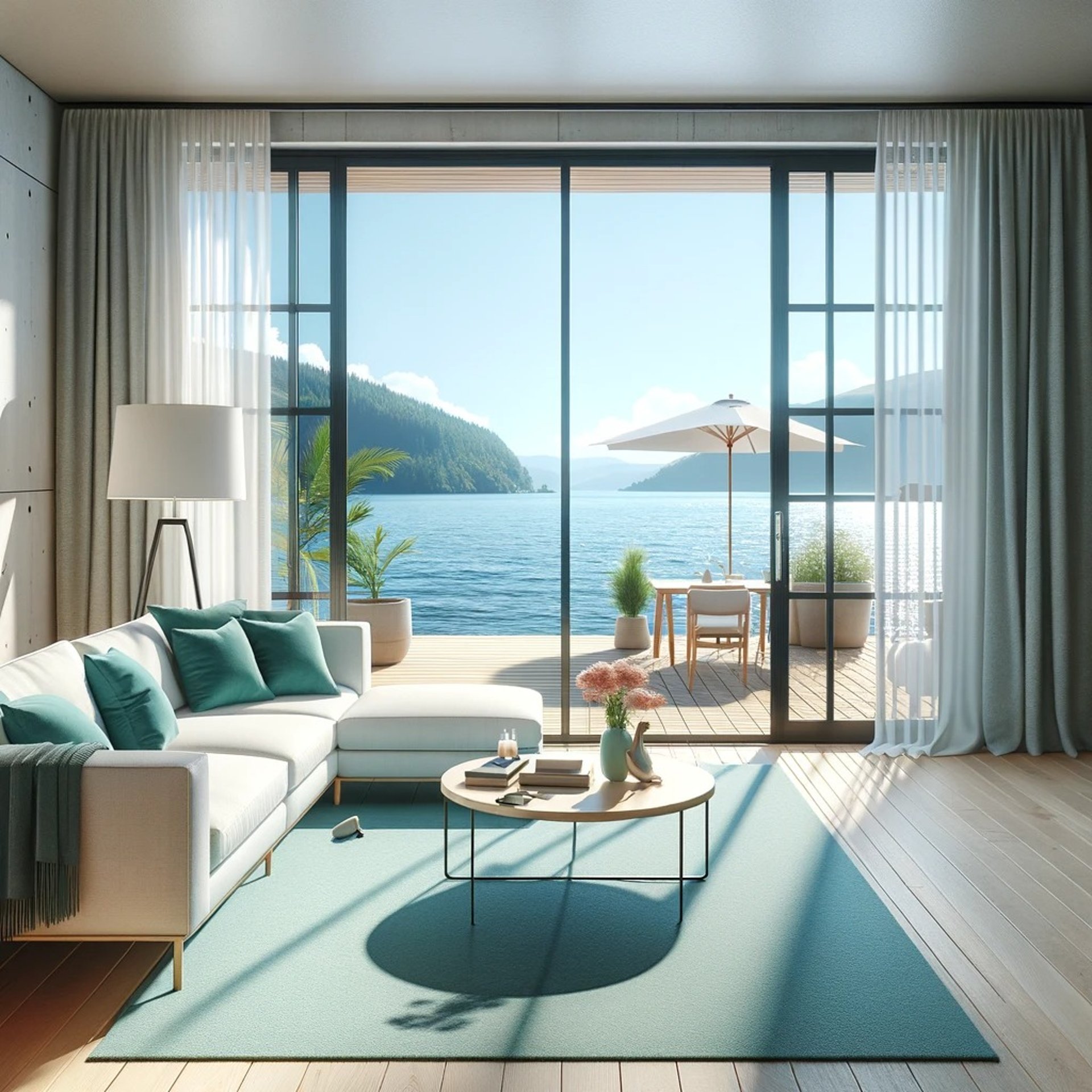 A stylish living room with large windows, offering a picturesque view of the tranquil lake beyond.