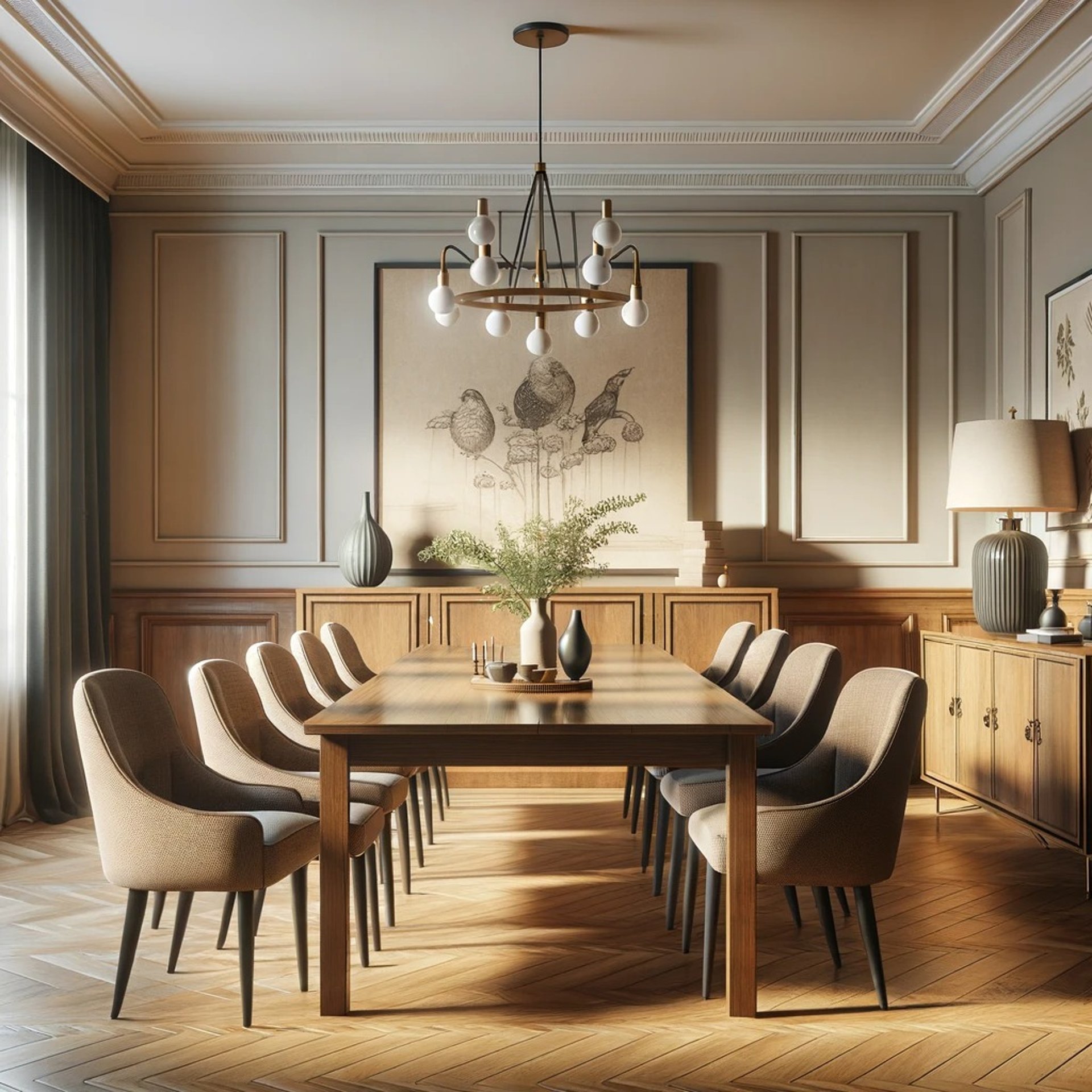 A cozy dining room featuring a wooden table surrounded by matching chairs, creating an inviting atmosphere for meals.