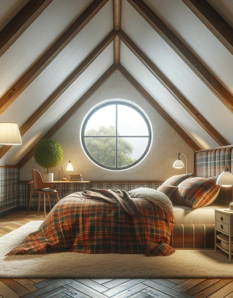A bedroom featuring a neatly made bed beside a large window, allowing natural light to fill the space.