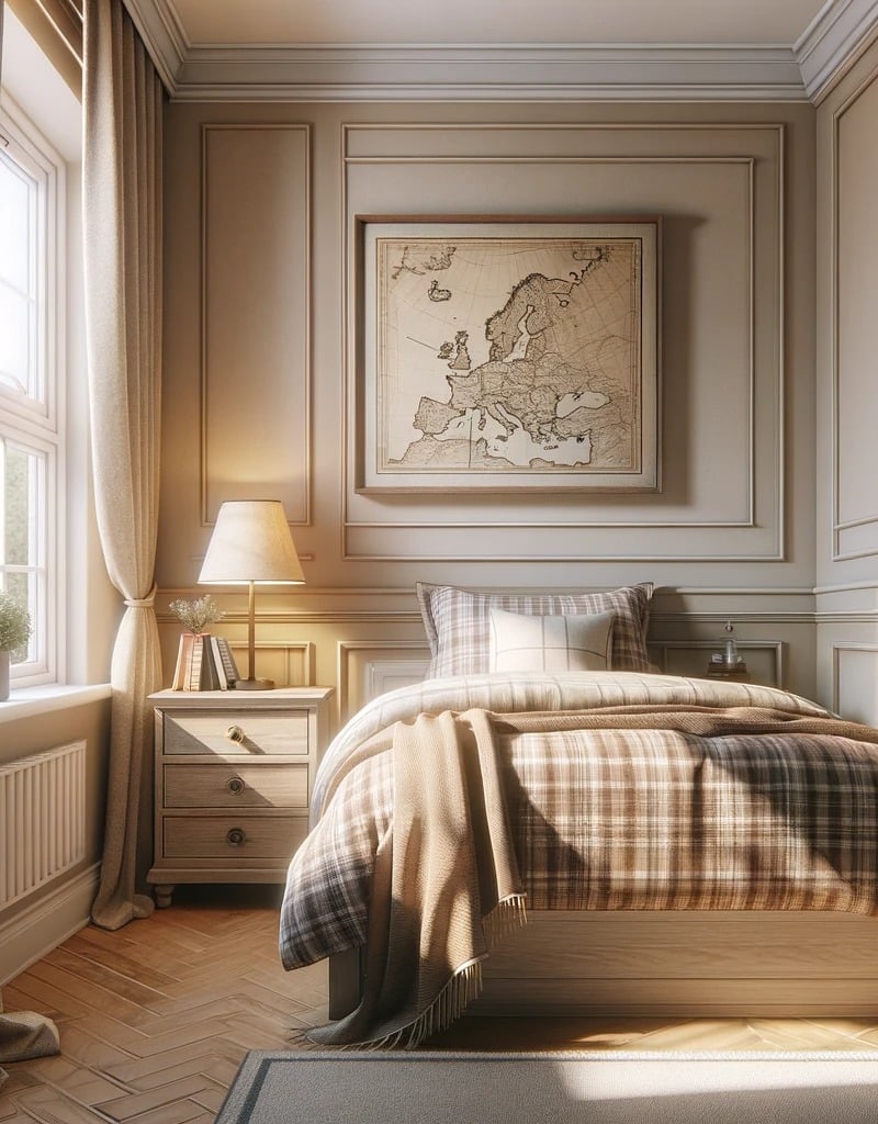 A cozy bedroom featuring a neatly made bed, a stylish lamp, and an elegant painting on the wall.