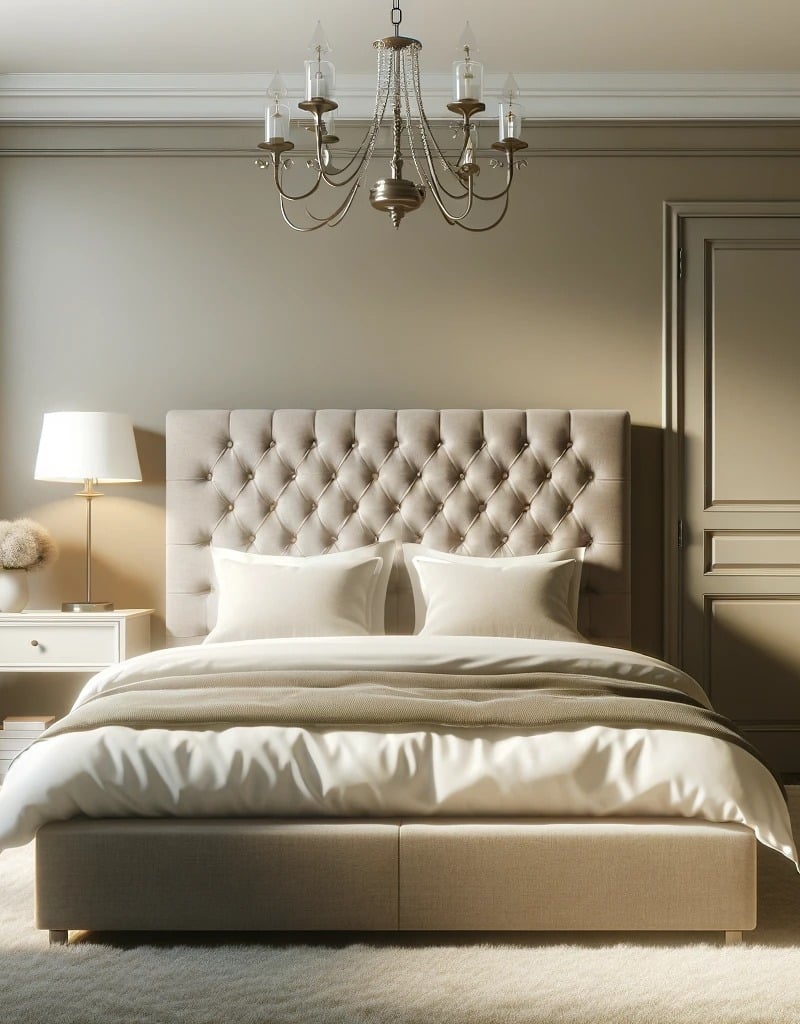 A serene bedroom scene showcasing a comfortable bed, a modern nightstand, and a beautiful chandelier illuminating the space.