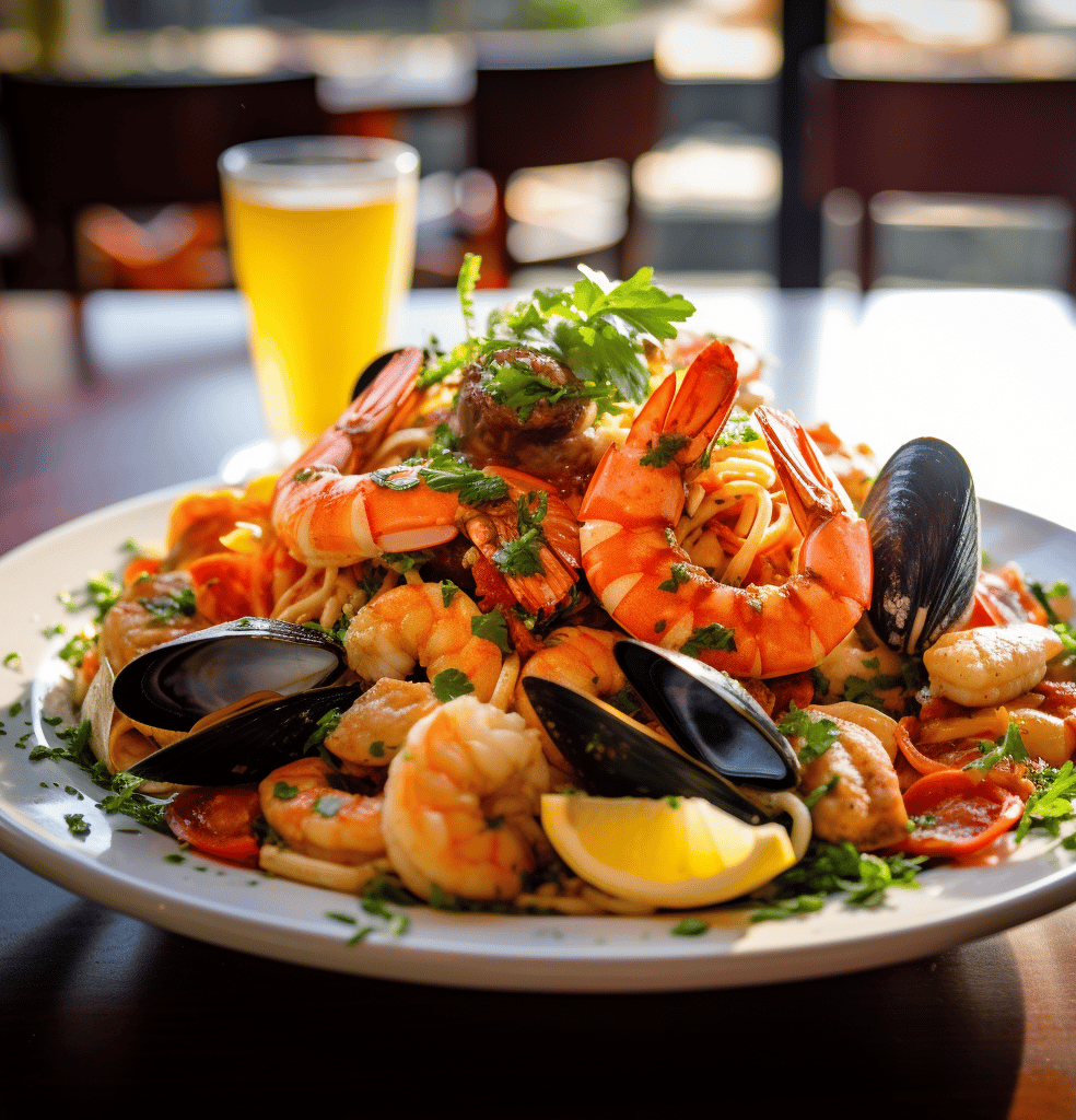 A plate of pasta adorned with succulent shrimp and fresh mussels, elegantly presented for a delightful dining experience.