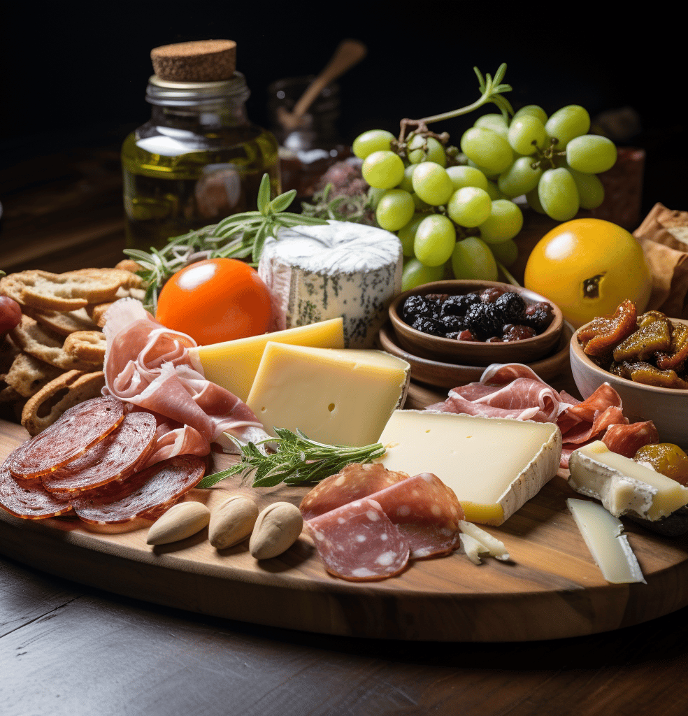 A wooden platter displaying an assortment of colorful and diverse food items arranged artfully for presentation.