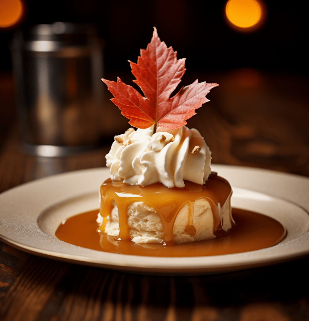 A delectable dessert topped with fluffy whipped cream and drizzled with rich maple syrup, inviting and indulgent.
