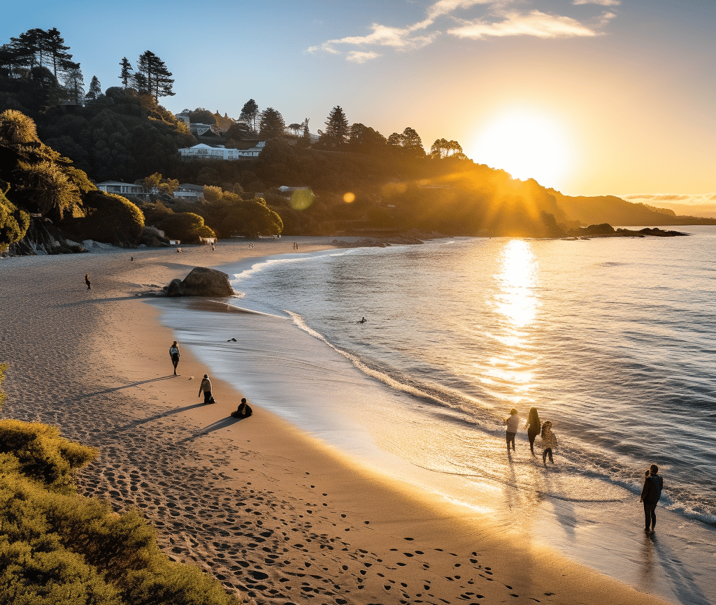 A serene sunset casts warm hues as people stroll along the beach