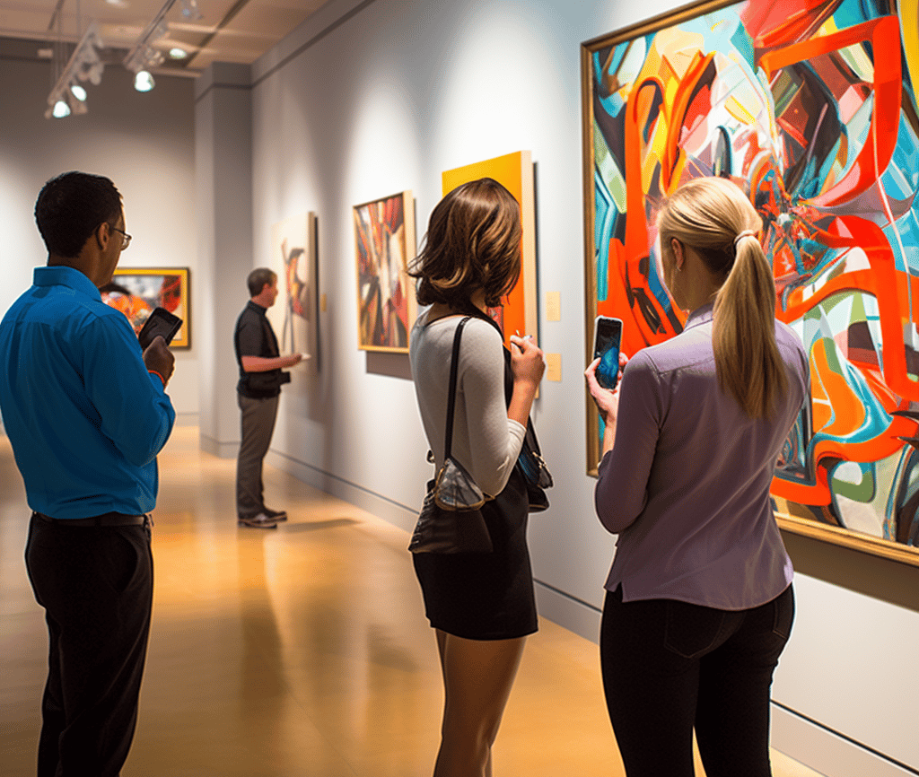 A diverse group of individuals observes a painting in an art museum