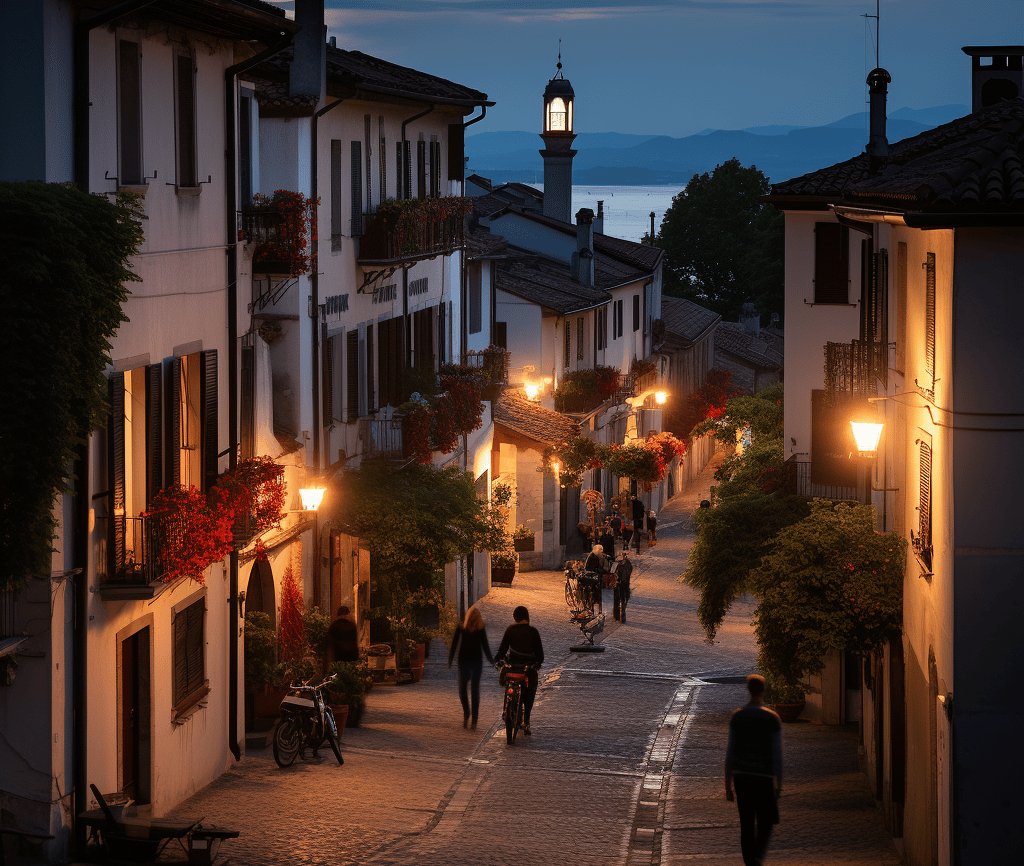 A bustling street scene featuring pedestrians walking along the sidewalk