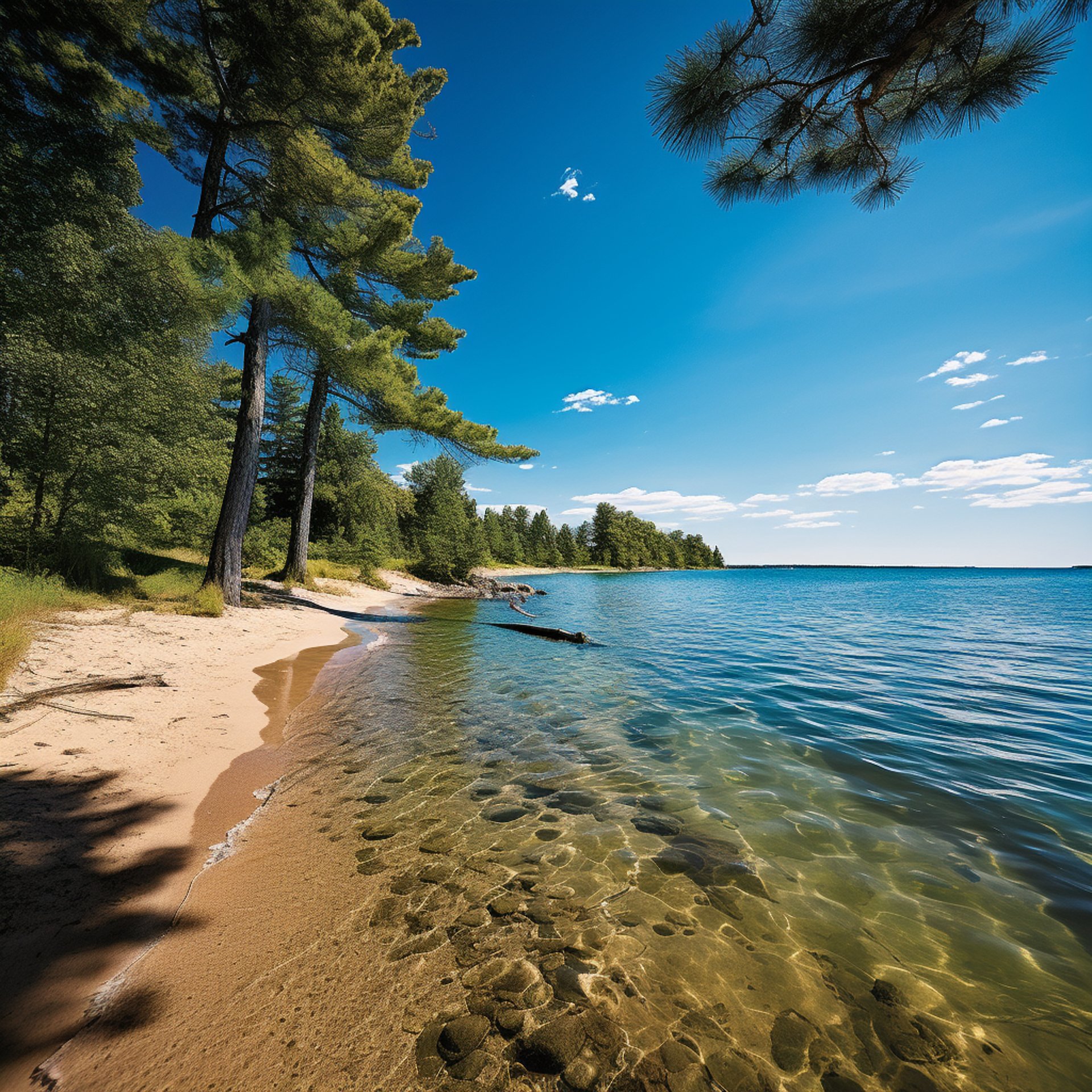 A serene lakeside view with a sandy shore, clear water showing underwater stones, and trees along the edge under a bright blue sky.