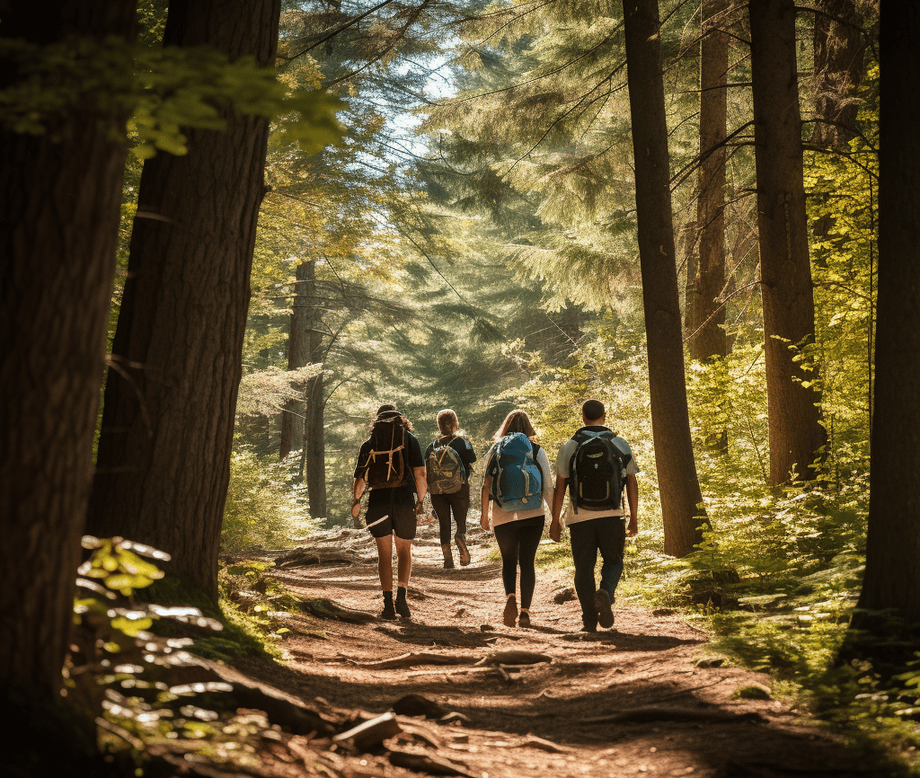 A group of four people strolling on a forest trail