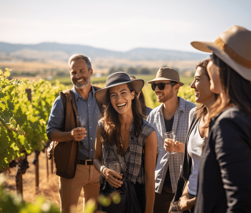 A group of individuals savoring wine at a vineyard, surrounded by lush grapevines and a picturesque landscape.