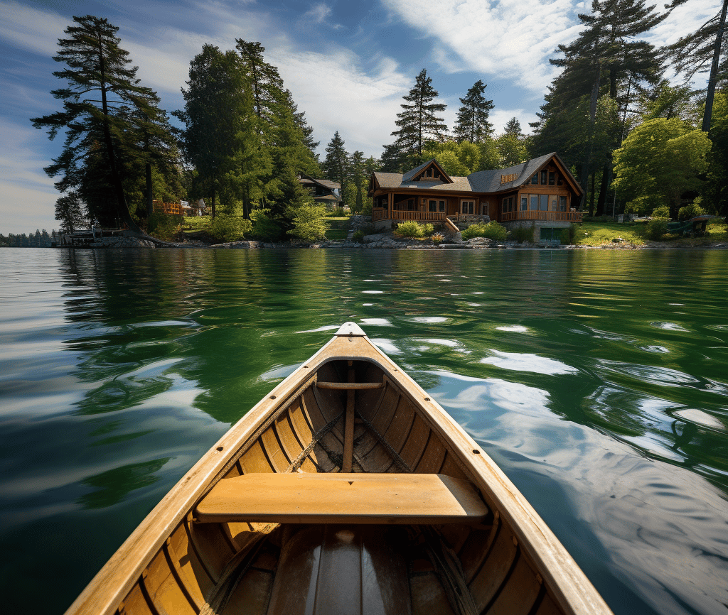 A serene boat floating gently on calm waters, reflecting the surrounding landscape under a clear sky.